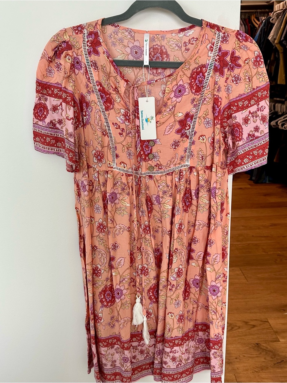 Beachsissi Peach Floral Tassel baby-doll Boho mini Dress